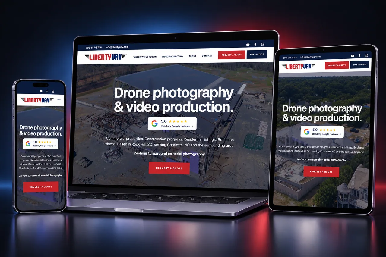 Liberty UAV website displayed responsively on a laptop, iPhone, and iPad