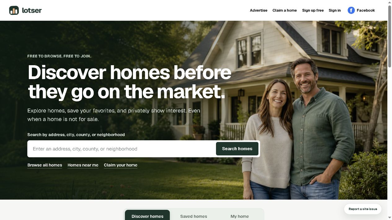 Lotser homepage for discovering homes before they go on the market