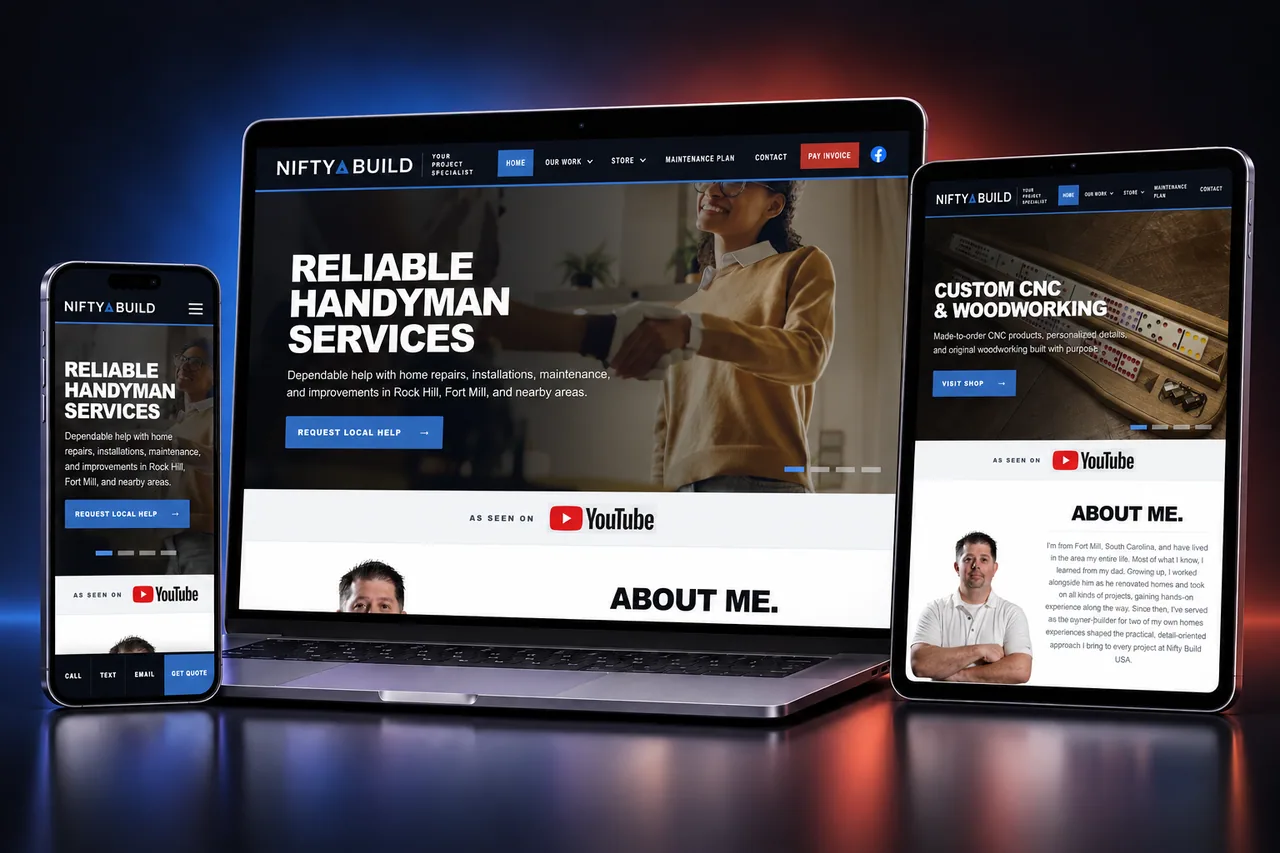 Nifty Build USA website displayed responsively on a laptop, iPhone, and iPad