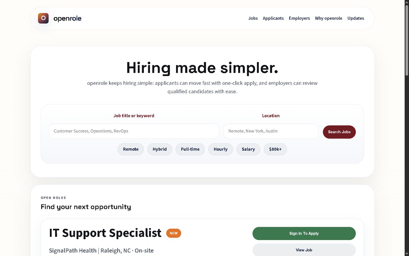 OpenRole job search homepage