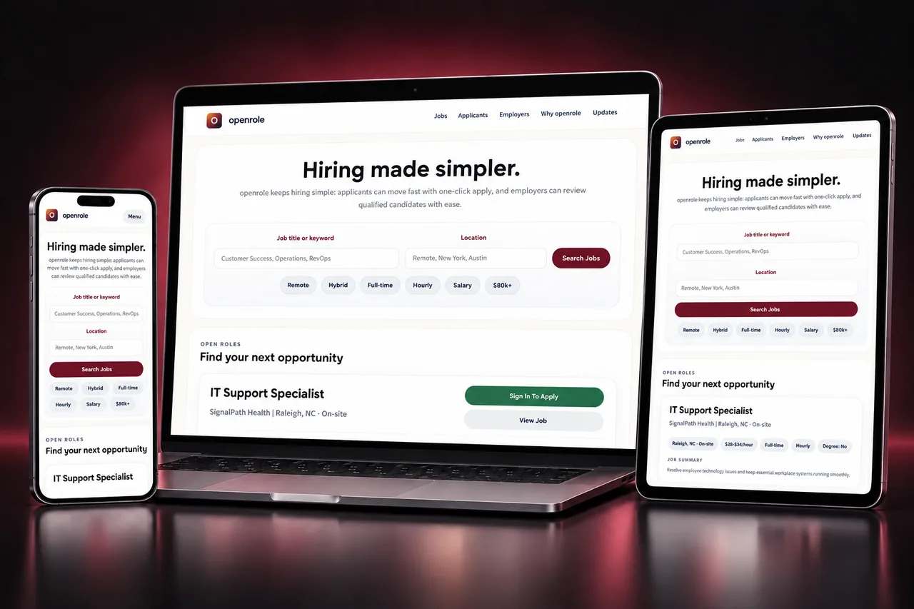 OpenRole website displayed responsively on a laptop, iPhone, and iPad